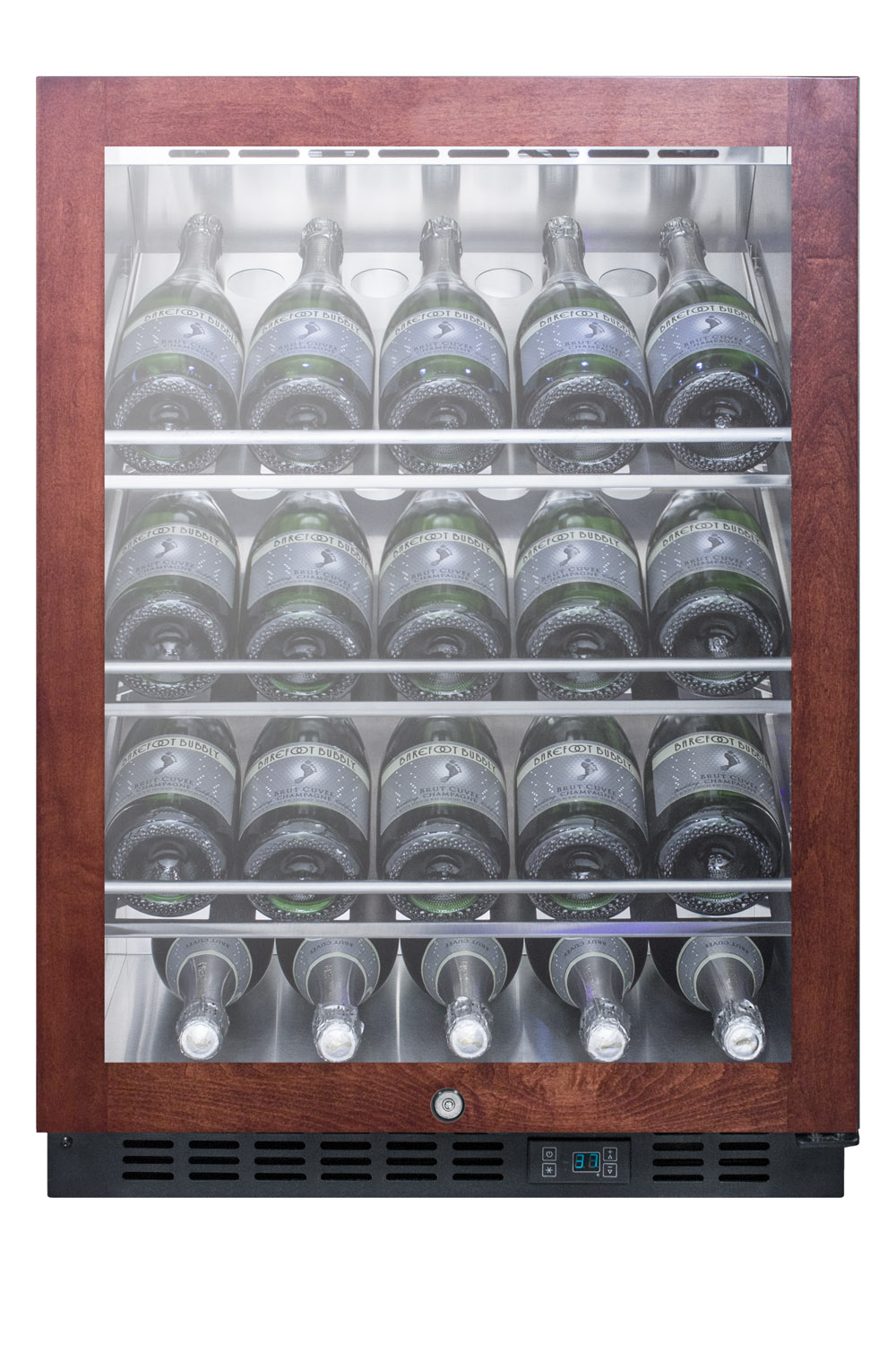 Built-in undercounter commercially listed wine cellar with panel-ready door trim, stainless steel interior, champagne shelving, digital controls, and black cabinet